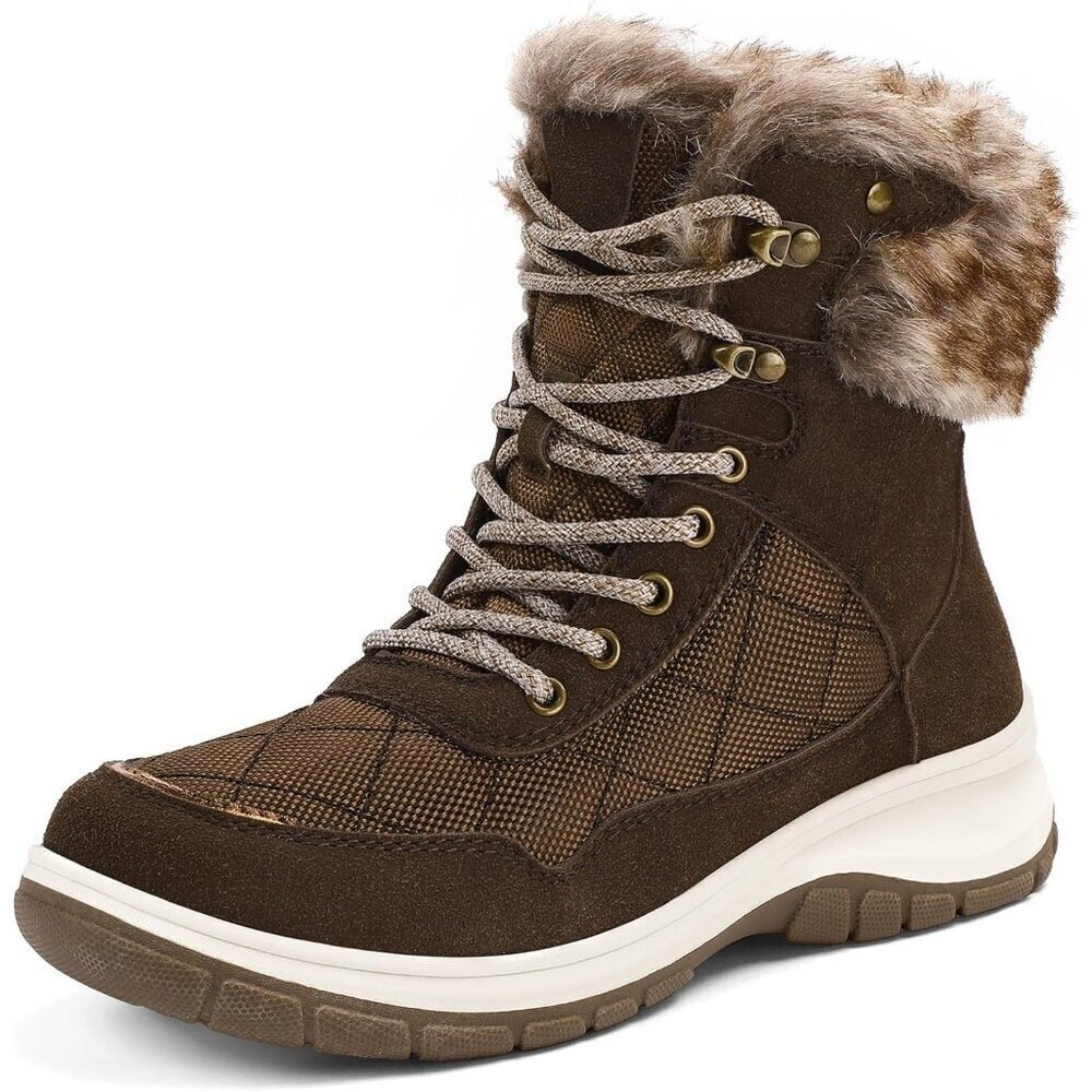 Women’s Brown Snow Boots Waterproof Insulated Warm Lace-Up Winter Outdoor